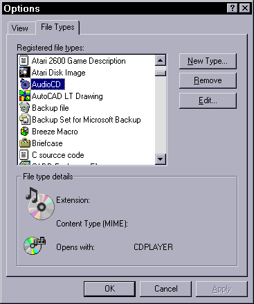 Options dialog; File Types page